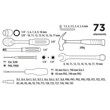 Zestaw narzędziowy 1/4, 3/8 73 szt.