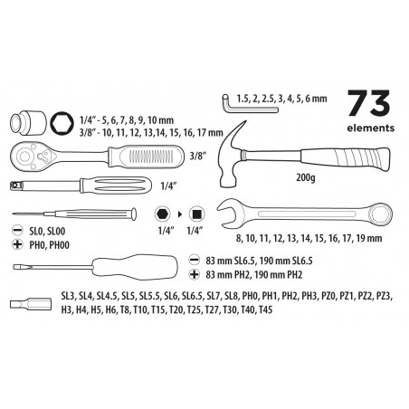 Zestaw narzędziowy 1/4, 3/8 73 szt.