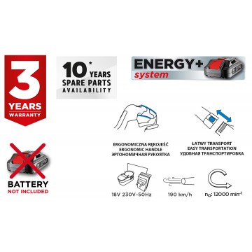 Dmuchawa do liści akumulatorowa Energy+ 18V, Li-Ion, wydajność 190 km/h, bez akumulatora