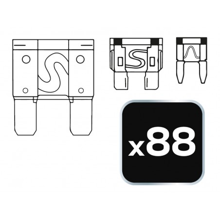 Zestaw bezpieczników samochodowych, pudełko, 88 sztuk, 3 typy