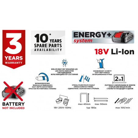 Zszywacz akumulatorowy 2w1 Energy+ 18V, Li-Ion, bez akumulatora