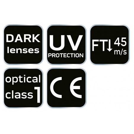 Okulary ochronne, przyciemniane soczewki, klasa odpornosci F