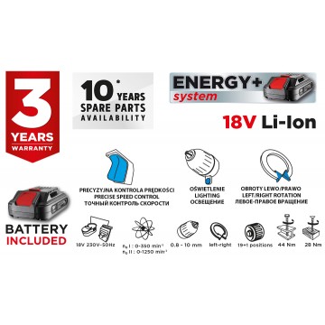 Wiertarko-wkrętarka akumulatorowa Energy+ 18V, Li-Ion, uchwyt 10 mm, aku 2Ah, ład, karton