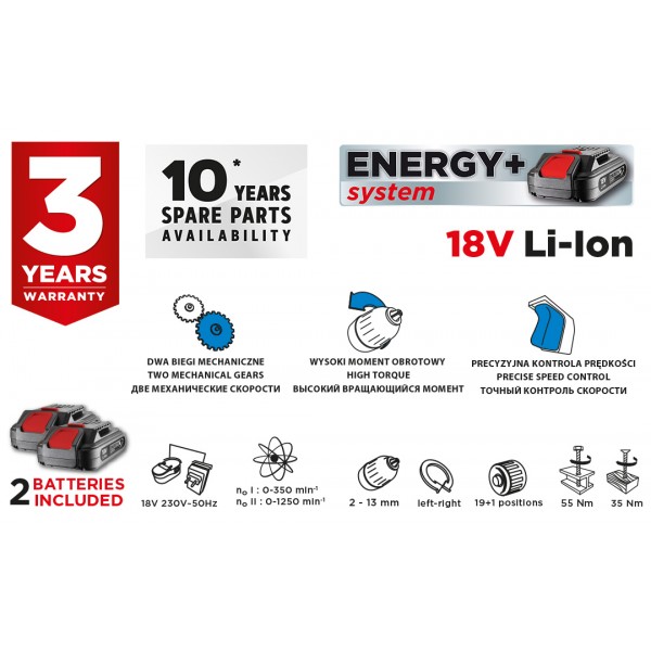Wiertarko-wkrętarka akumulatorowa Energy+ 18V, Li-Ion, uchwyt 13 mm, 2 aku 2Ah, ład, walizka