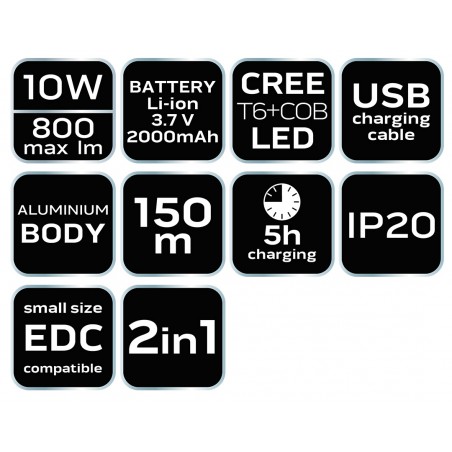 Latarka akumulatorowa USB 800 lm 2 w 1 CREE T6 LED