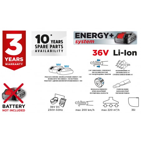 Odkurzacz ogrodowy akumulatorowy Energy+ 36V Li-lon, 2w1, pojemność worka 35L, bez akumulatora