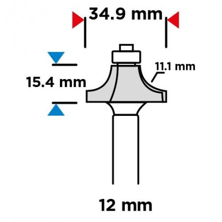 Frez kształtowy z łożyskiem, zaokrąglający, HM, 34.9 x 15.4 mm, trzpień 12 mm