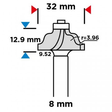 Frez kształtowy z łożyskiem, zaokrąglający, HM, 32 x 12.9 mm, trzpień 8 mm