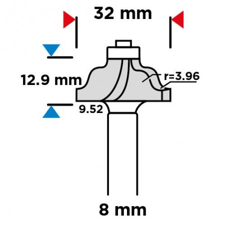 Frez kształtowy z łożyskiem, zaokrąglający, HM, 32 x 12.9 mm, trzpień 8 mm