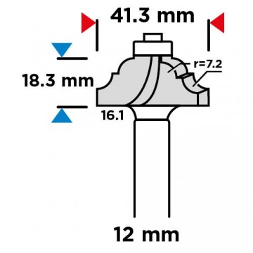 Frez kształtowy z łożyskiem, ozdobny, HM, 41.3 x 18.3 mm, trzpień 12 mm