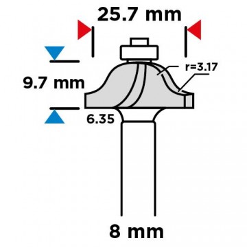 Frez kształtowy z łożyskiem, ozdobny, HM, 25.7 x 9.7 mm, trzpień 8 mm