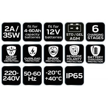 Prostownik automatyczny 2A/35W, 4-60Ah, do akumulatorów kwasowych / AGM / GEL
