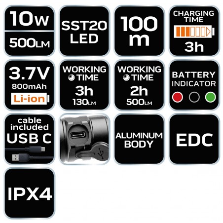 Latarka akumulatorowa USB C 500 lm SST20 LED