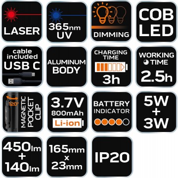 Lampa inspekcyjna 450 lm COB LED + laser + UV + latarka 4 w 1