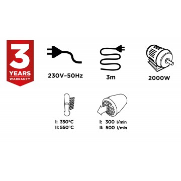 Opalarka 2000W, zakres temperatur: I: 350ºC, II: 550ºC, uchwyt prosty