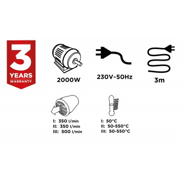 Opalarka 2000W, zakres temperatur:I: 50ºC, II: 50-550ºC, III: 50-550ºC,walizka