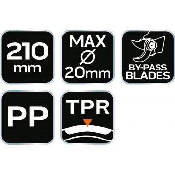 Sekator by-pass 210 mm, zakres do 20 mm, materiał: PP, uchwyt pokryty gumą TPR