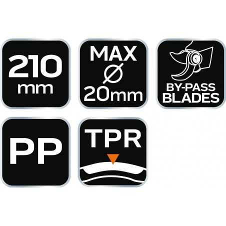 Sekator by-pass 210 mm, zakres do 20 mm, materiał: PP, uchwyt pokryty gumą TPR