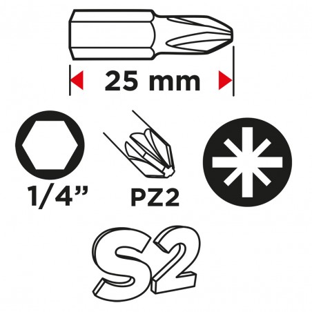 Końcówki wkrętakowe PZ2 x 25 mm, 100 szt.